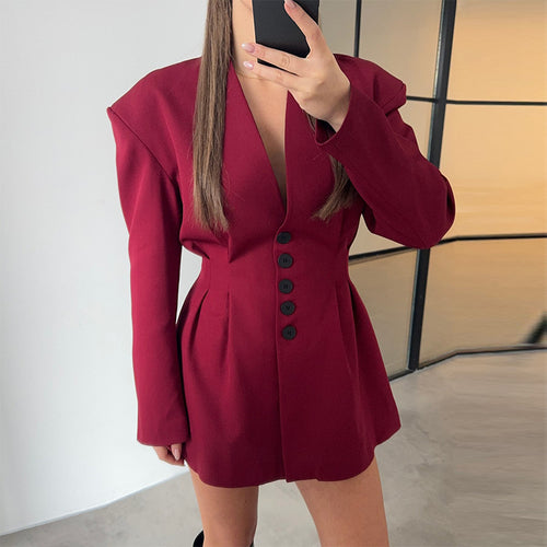 Trendy blazer dress for women with structured shoulders and deep V-neck Lune London