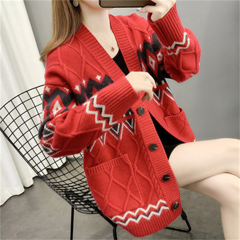 Women's knitted jacket with a modern braid and geometric pattern Lune London