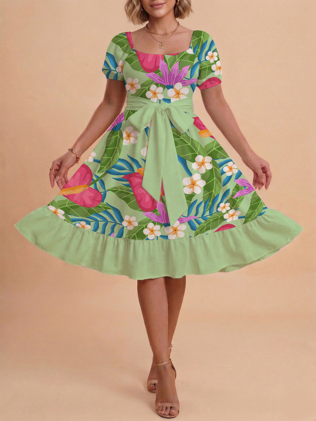 Women A-line dress with floral motifs and adjustable belt Lune London