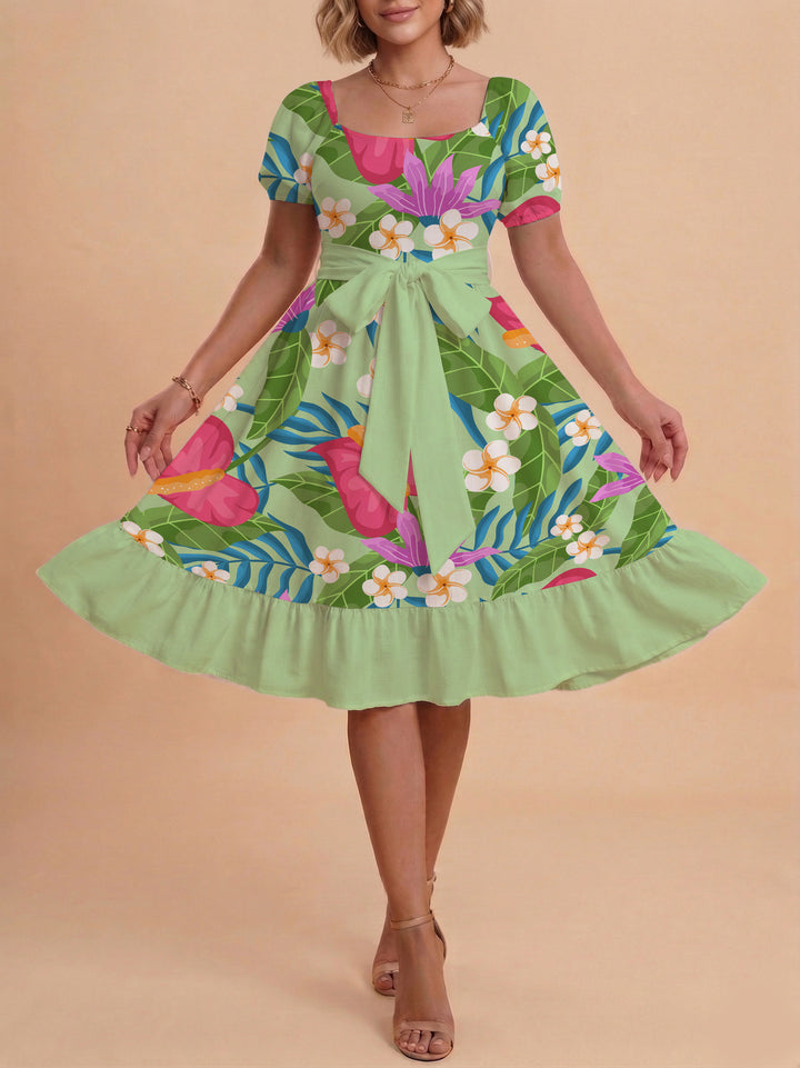 Women A-line dress with floral motifs and adjustable belt Lune London