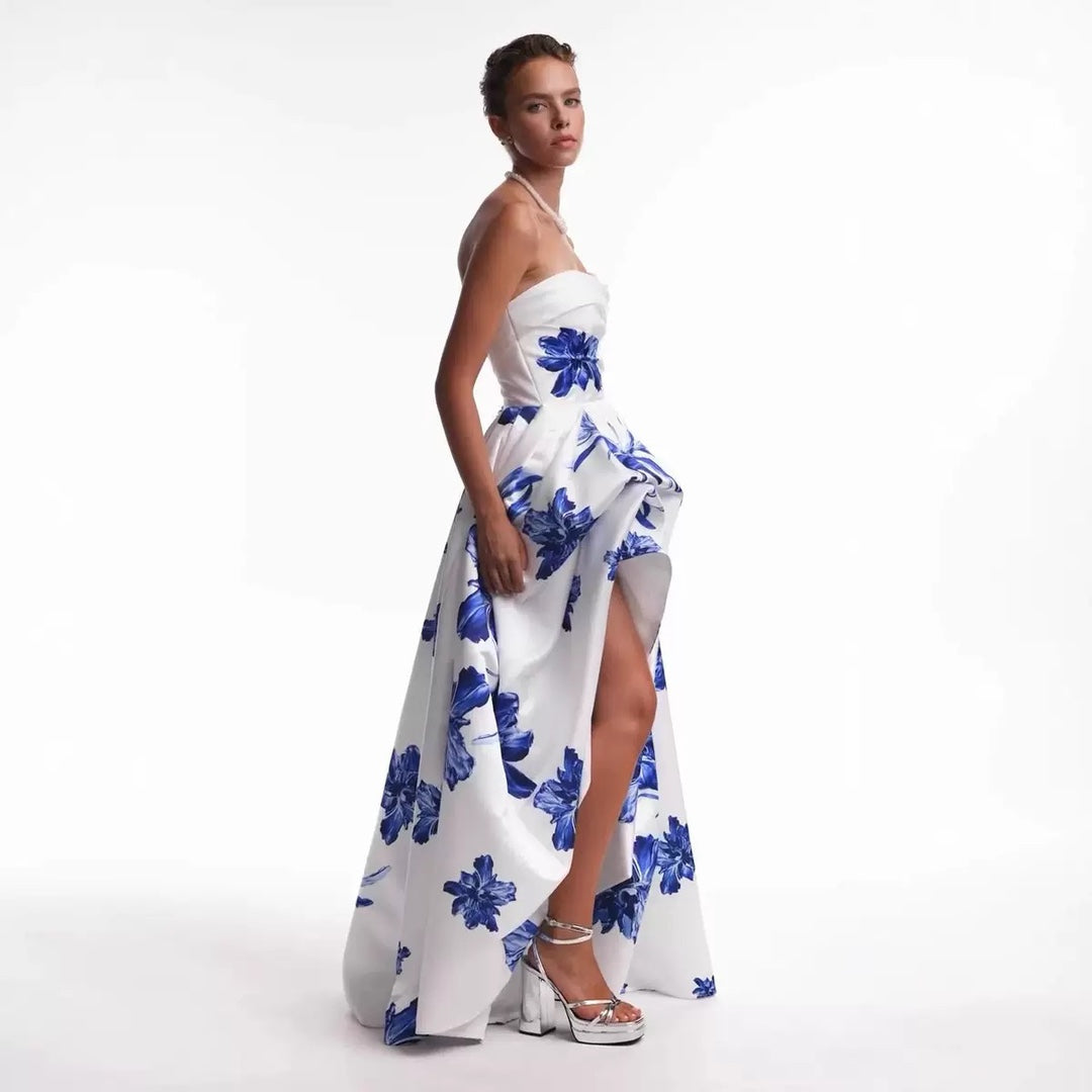 Ladies' wedding dress with strapless design and floral appliqués