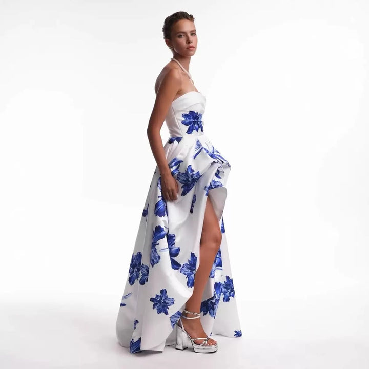 Ladies' wedding dress with strapless design and floral appliqués