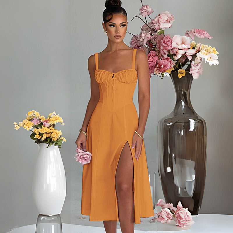Elegant Midi Dress for Women with Deep V Neck and Chic & Stylish Refined Waist Element