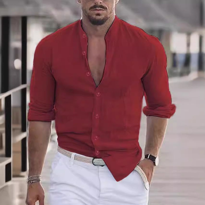 Casual linen shirt for men with modern stand-up collar and roll-up sleeves Lune London