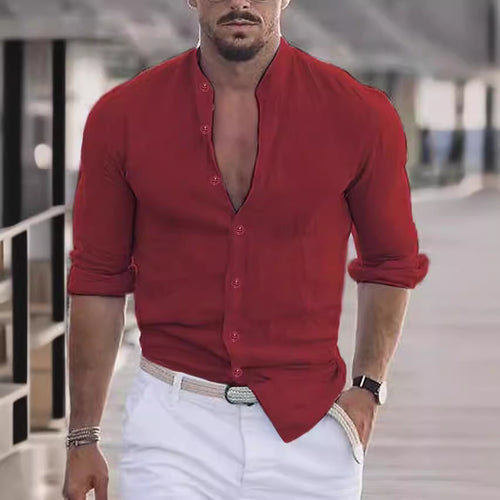 Casual linen shirt for men with modern stand-up collar and roll-up sleeves Lune London
