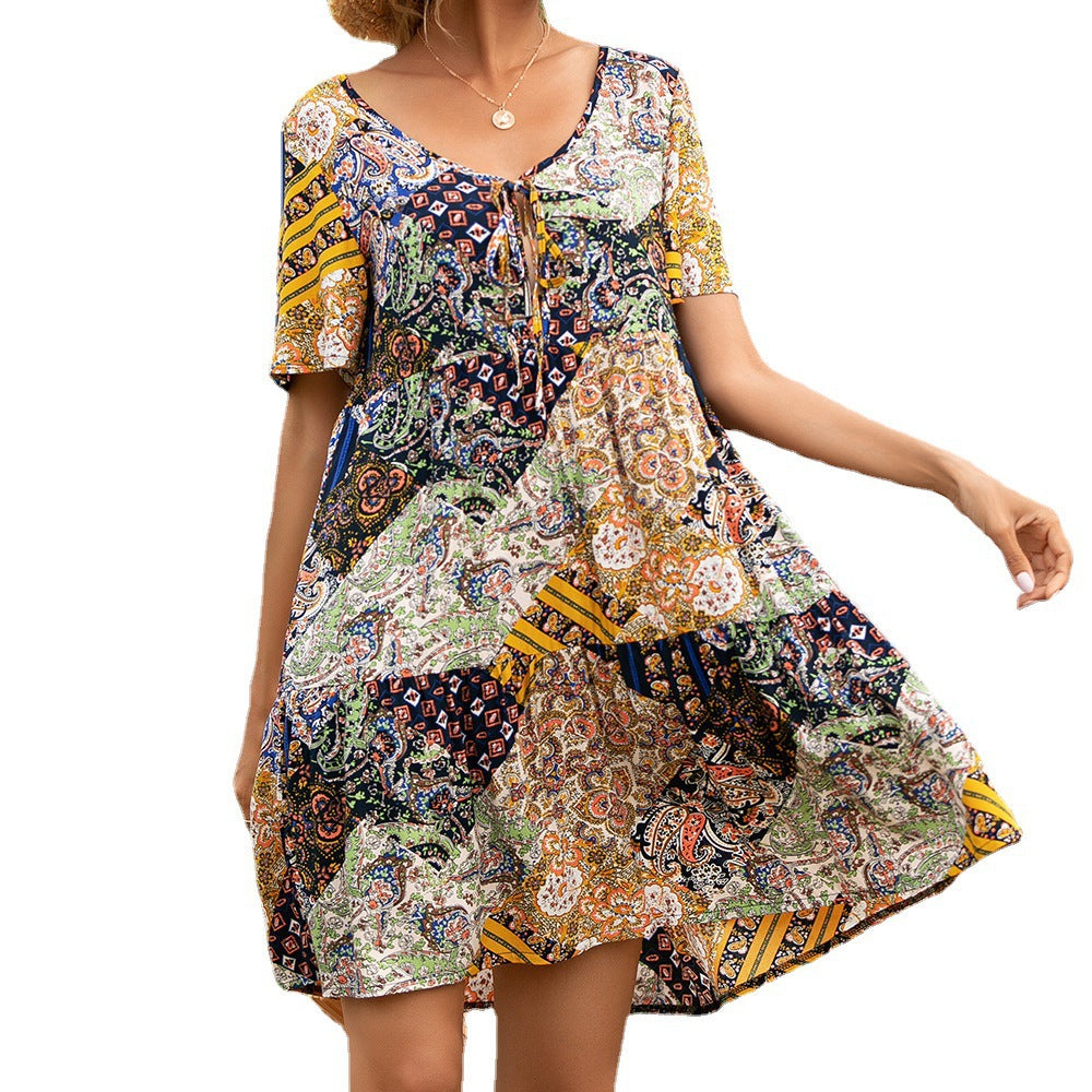 Lune London patchwork dress for women with elastic waist drawstring and round neck