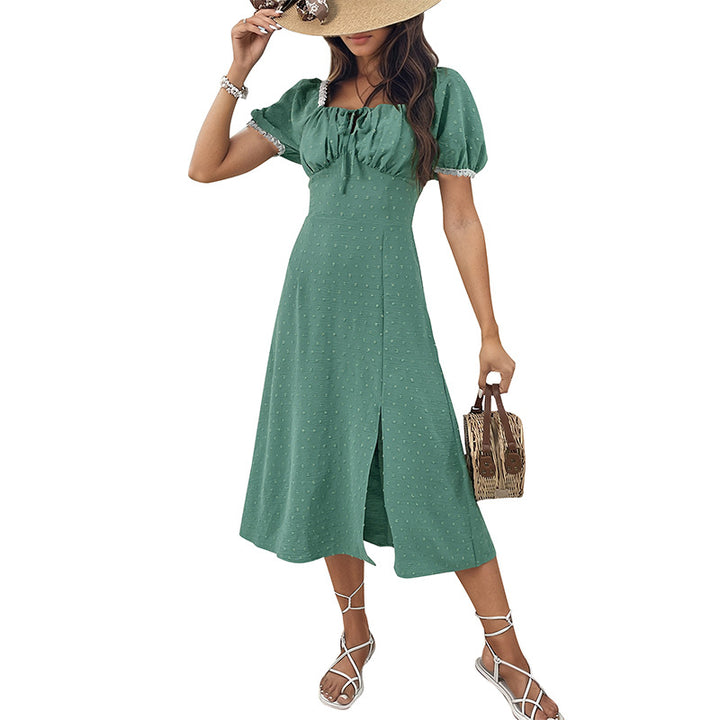 Elegant midi dress for women with structured puff sleeves Lune London