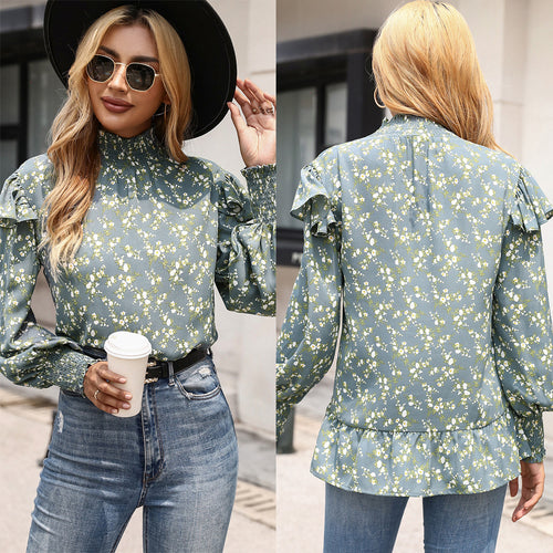 Elegant blouse for women with ruffle detail and high collar Lune London