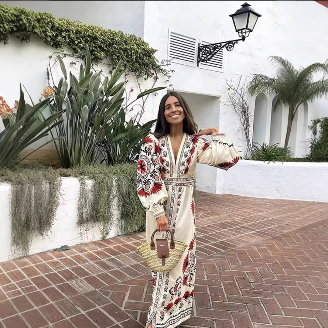 Maxi dress for women with floral embroidery and elegant V-neck Lune London