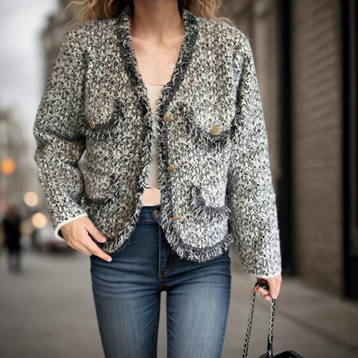 Women's knit jacket with fringe details and knee-height pockets Lune London