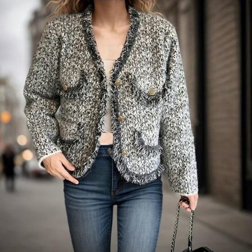 Women's knit jacket with fringe details and knee-height pockets Lune London
