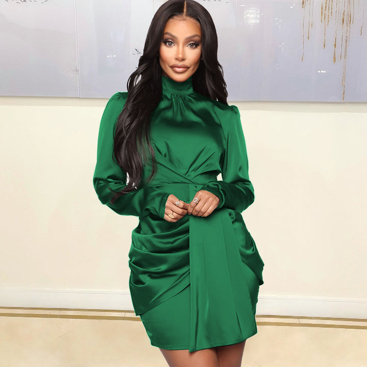 Lune London Elegant long sleeve satin mini dress with ruffles for women