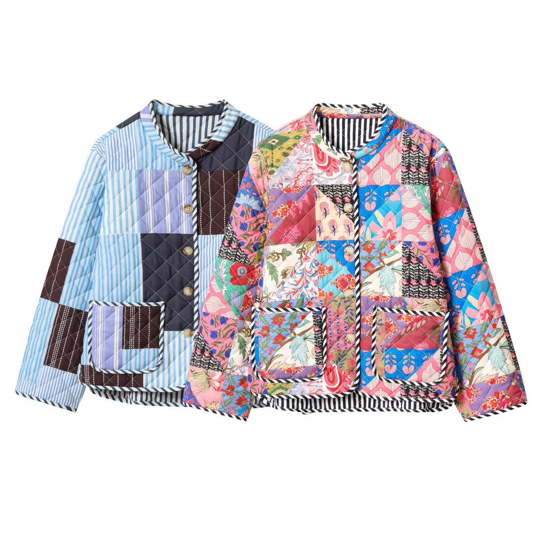 Ladies puffer jacket with colorful patchwork design Lune London