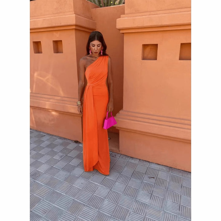 Maxi dress for women with asymmetrical sleeve design and elegant draping Lune London