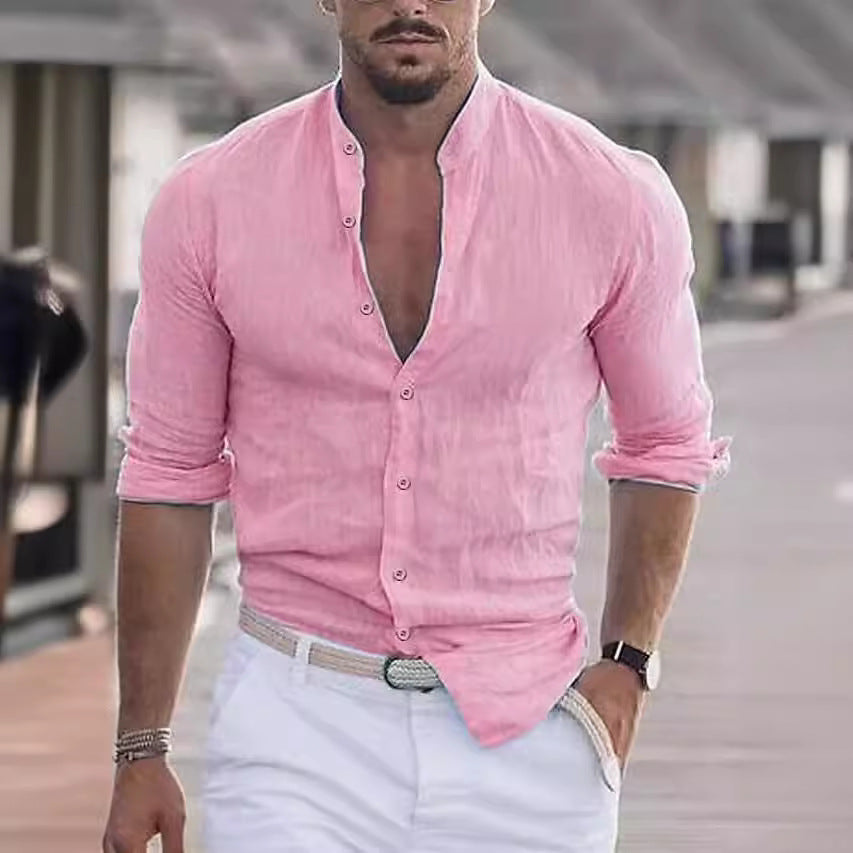 Casual linen shirt for men with modern stand-up collar and roll-up sleeves Lune London