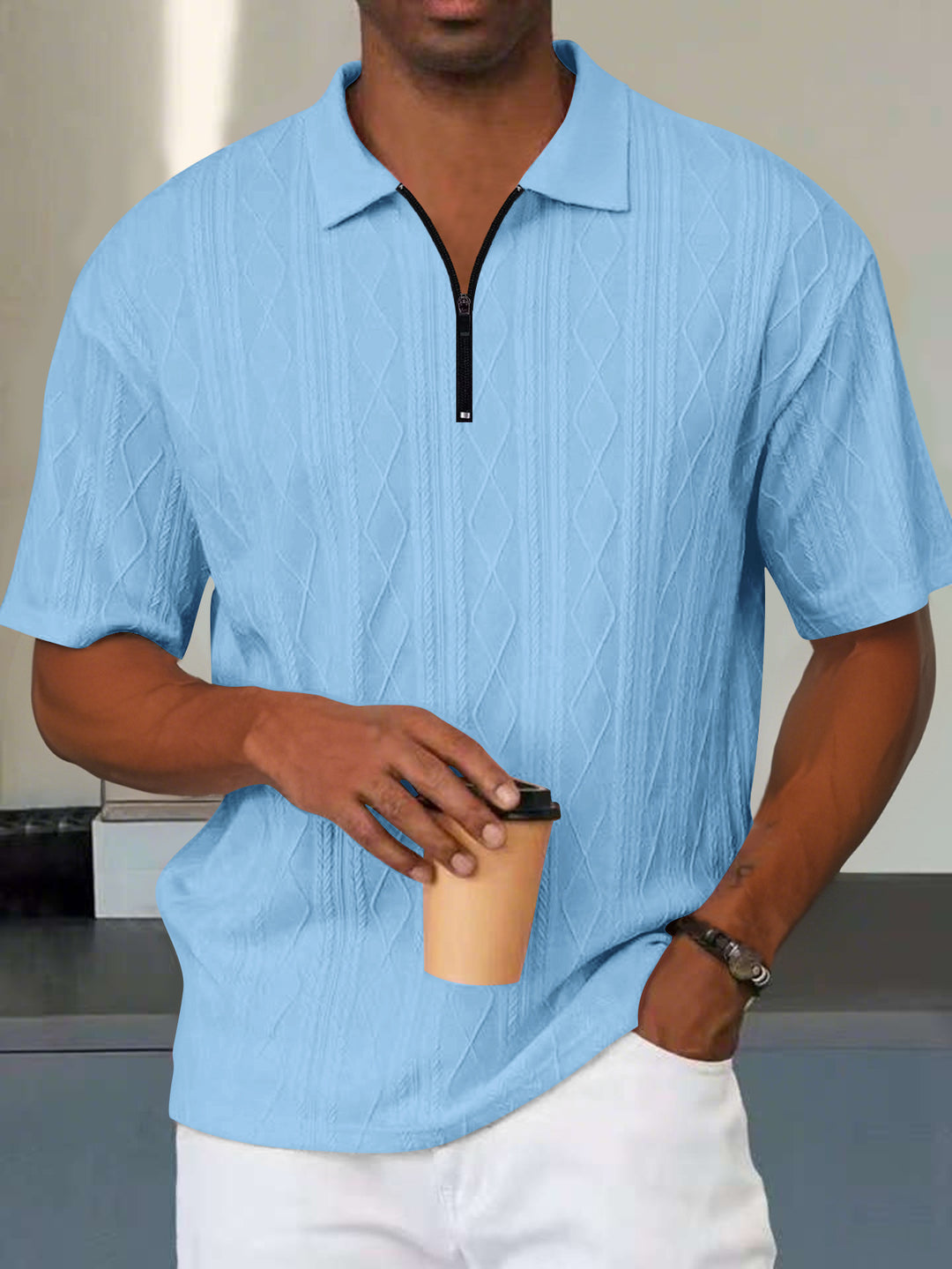 Men's polo with structured zip collar and short sleeves Lune London