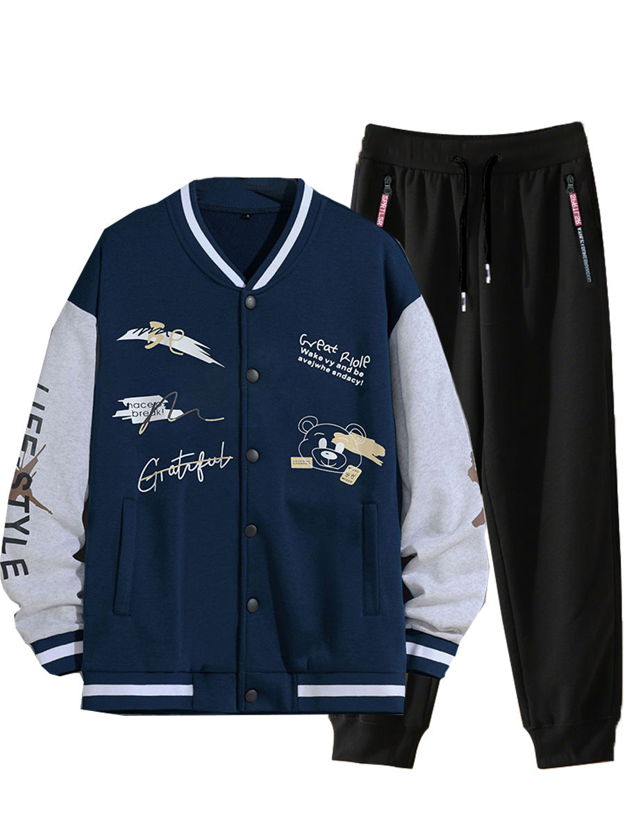 Men's College Style Sports Jacket Set and Jogging Pants with Colorful Patterns Lune London