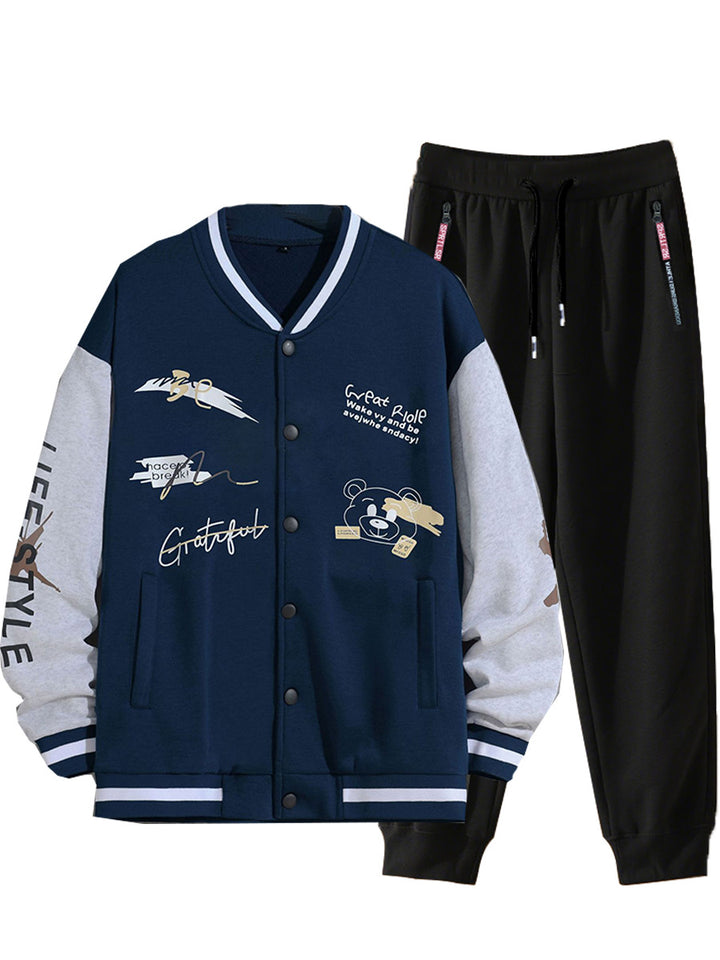 Men's College Style Sports Jacket Set and Jogging Pants with Colorful Patterns Lune London