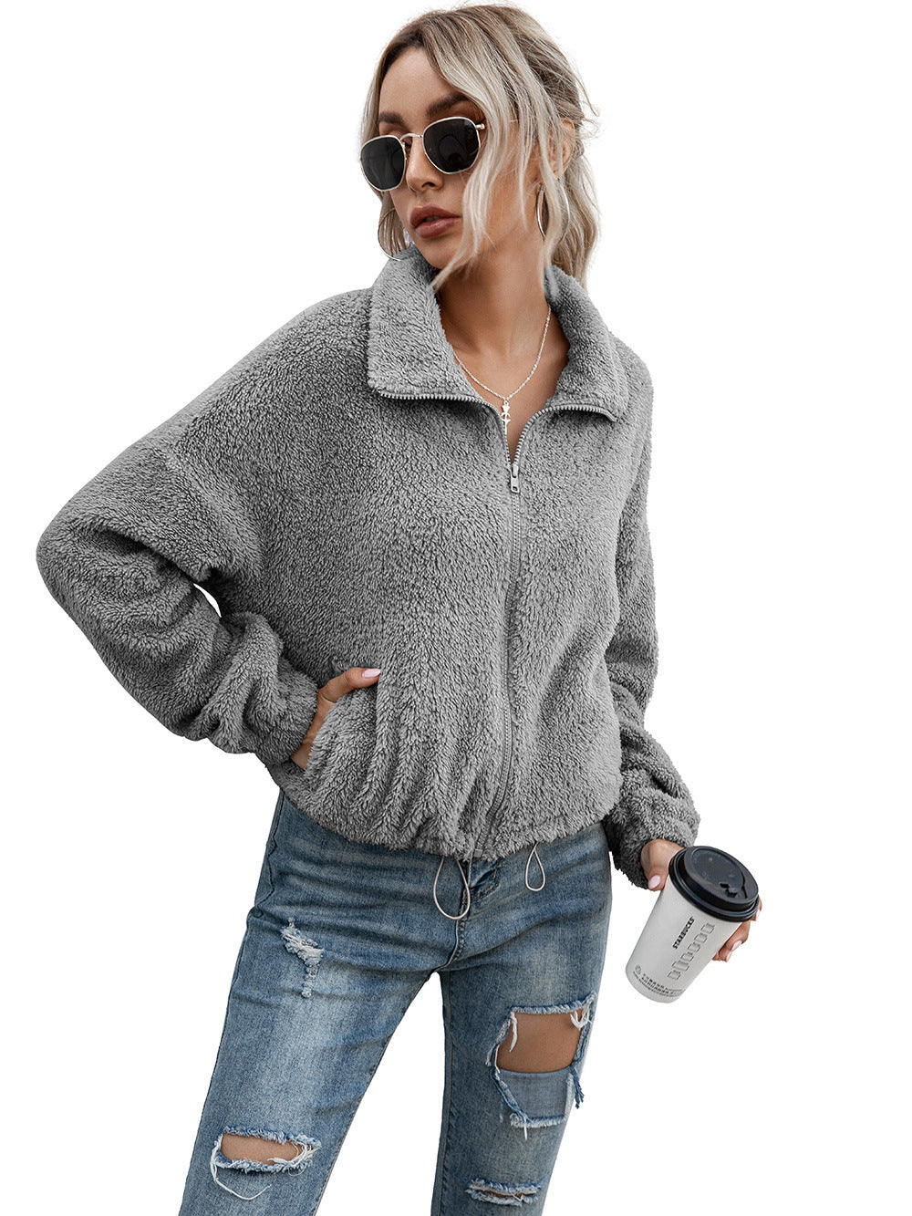Fleece jacket for women with high collar and elastic waist Lune London