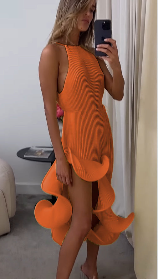 Women's maxi dress with asymmetrical ruffle and elegant pleated skirt Lune London