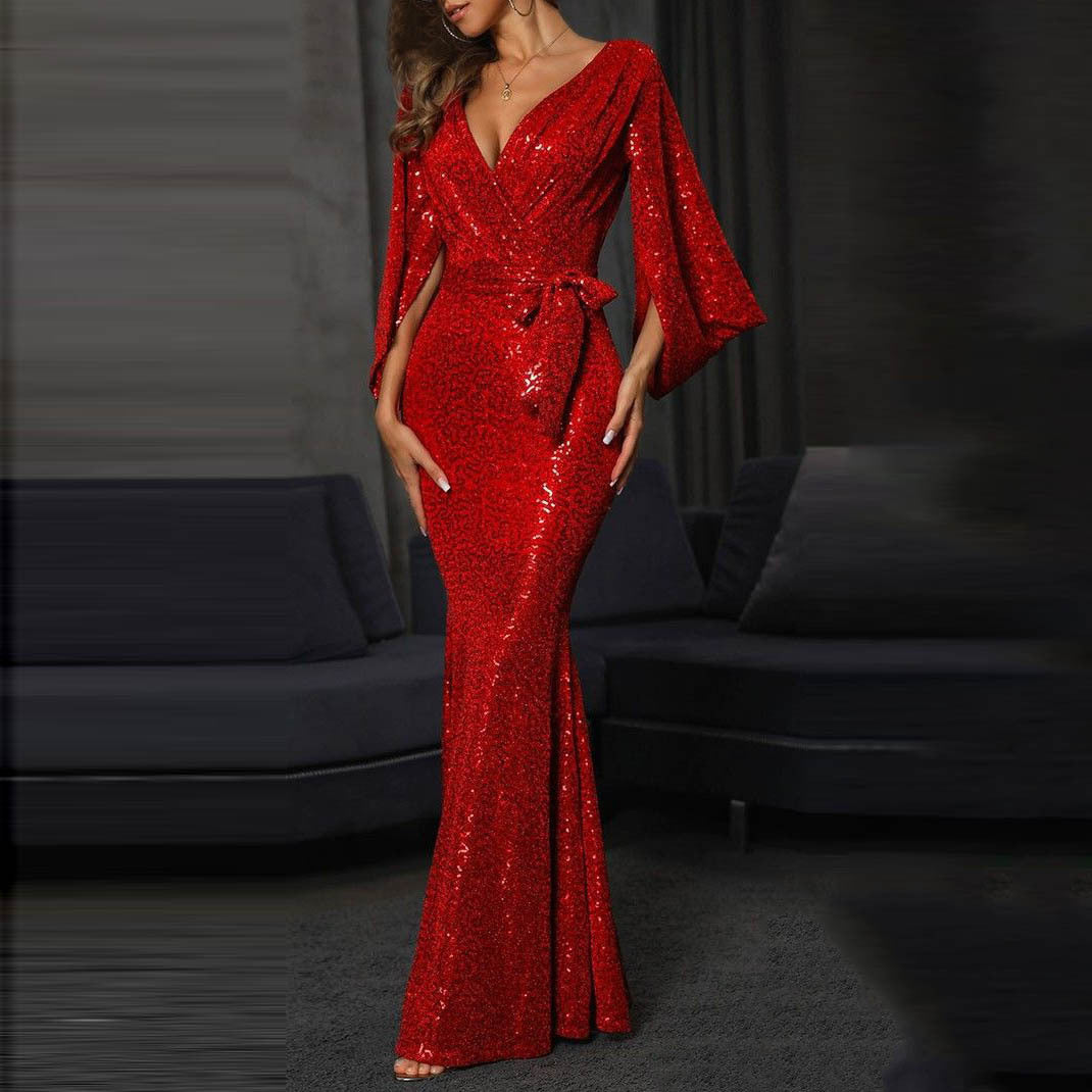 Lune London | Give Em' Glam Sequin Dress with Long Sleeves and Crossed Waist Detail Evening Maxi Dress