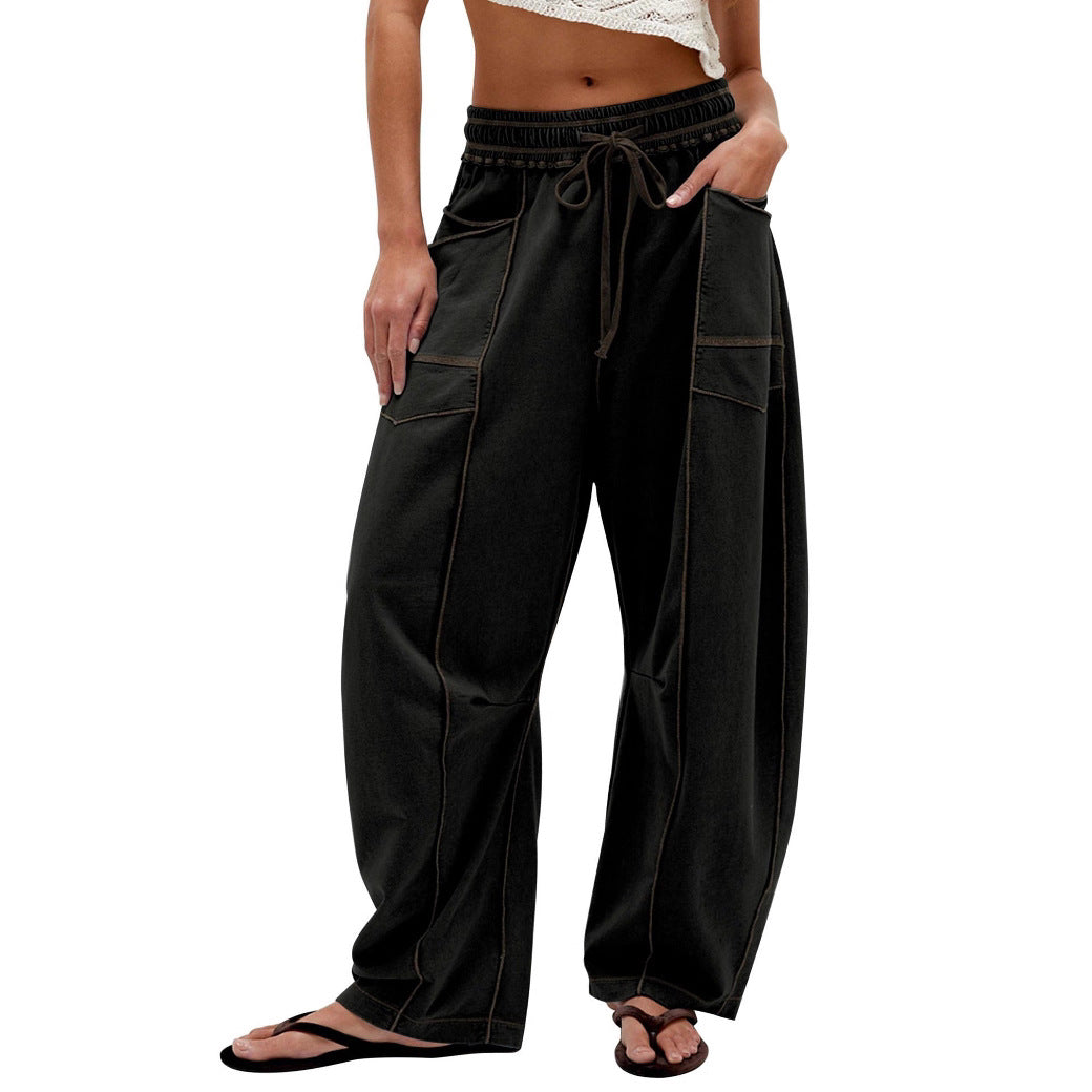 Ladies Comfortable Wide Pants with Practical Pockets and Elastic Belt Lune London