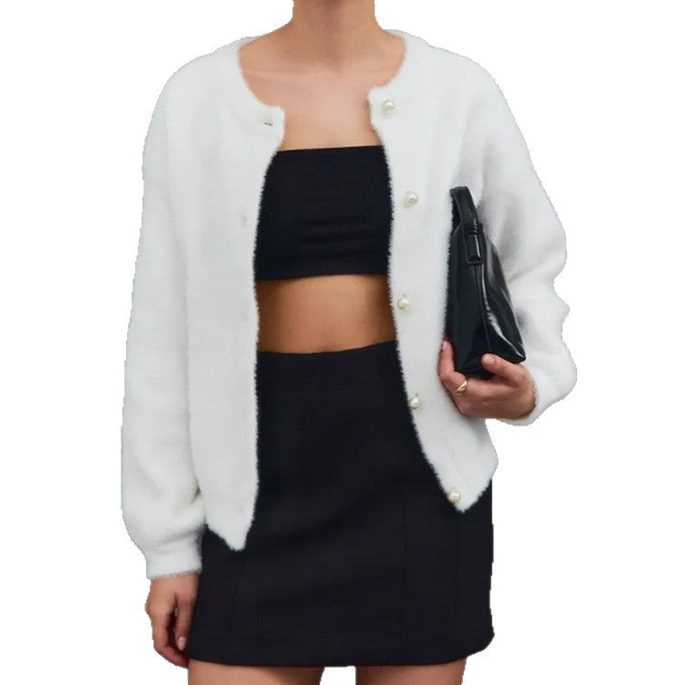 Ladies Fluff Cardigan with decorative pearl buttons Lune London