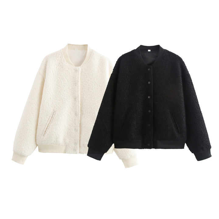 Ladies fleece jacket with textured fabric and practical button closure Lune London