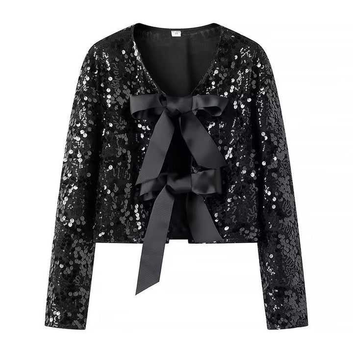 Elegant evening jacket in Lurex for women with ruffles and pretty bows Lune London