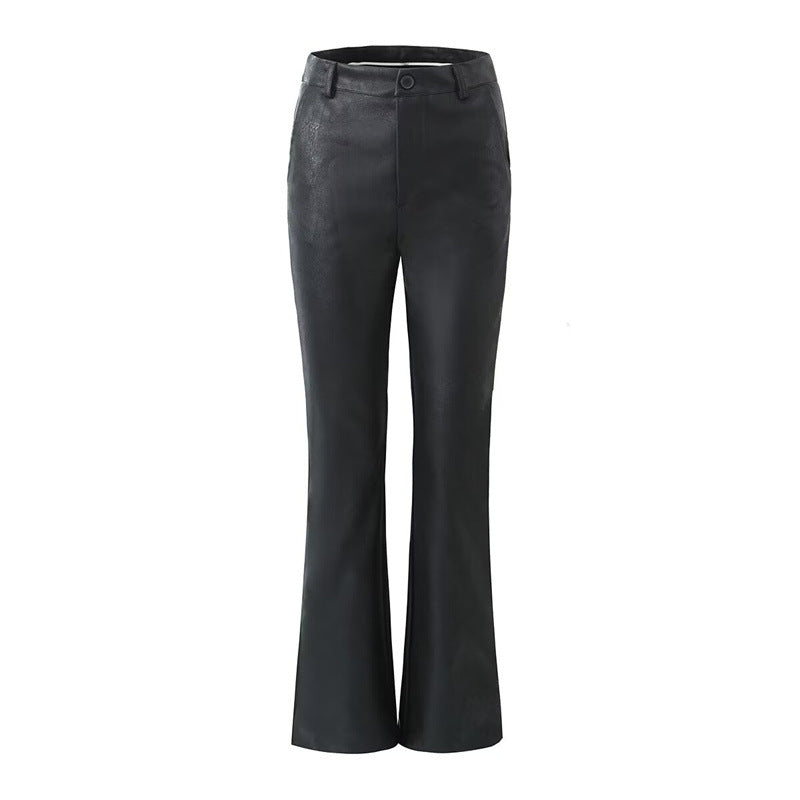 Wide faux leather trousers for women with stylish and chic flaps