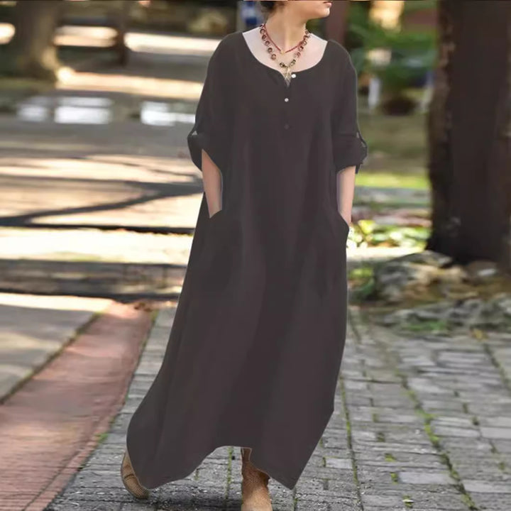 Lune London Airy maxi dress for women with practical side pockets and button details
