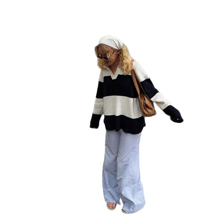 Women Sporty Sweater with Collar and Block Stripes Lune London