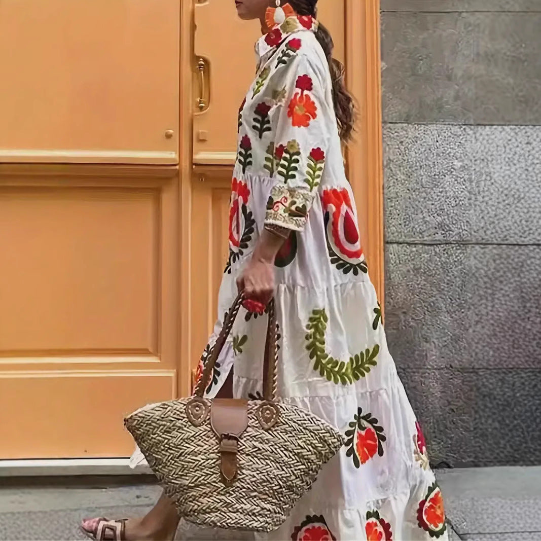 Maxi dress inspired by ethnic style for women with geometric embroidered pattern Lune London