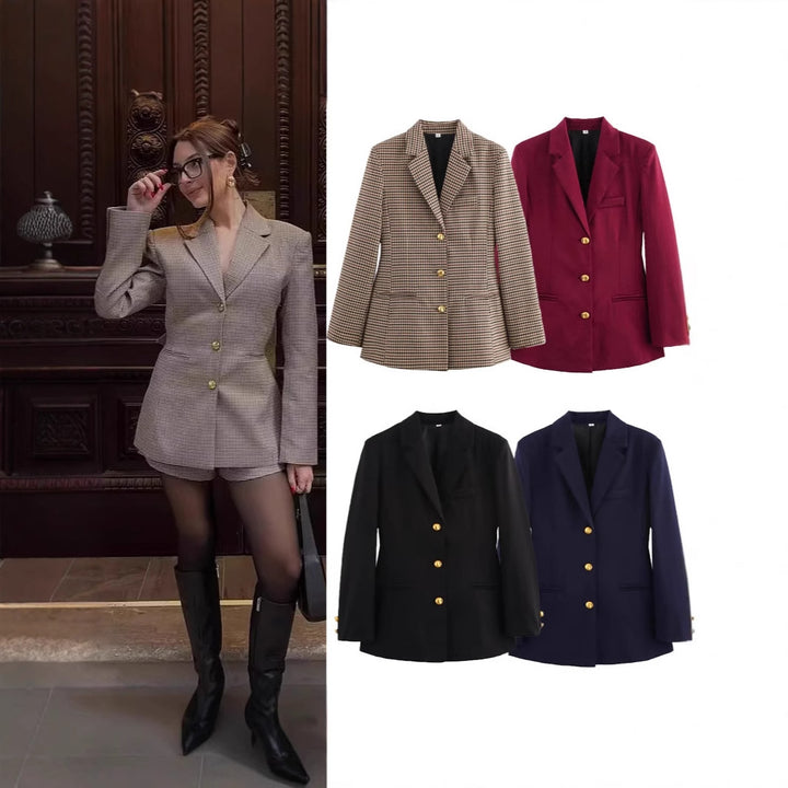 Elegant checked blazer jacket for women with gold buttons Lune London