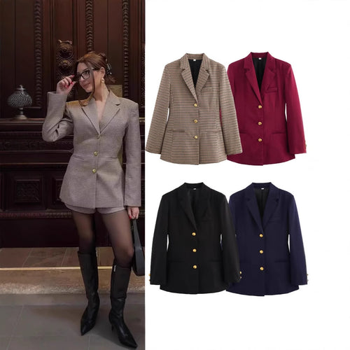 Elegant checked blazer jacket for women with gold buttons Lune London
