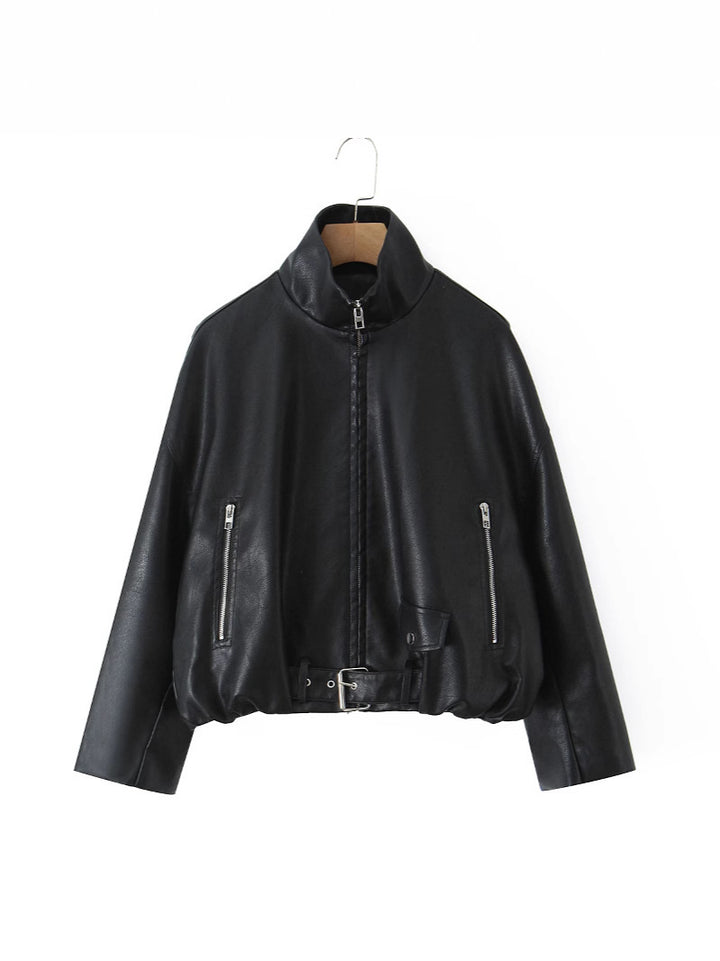 Ladies stylish faux leather jacket with belt Lune London