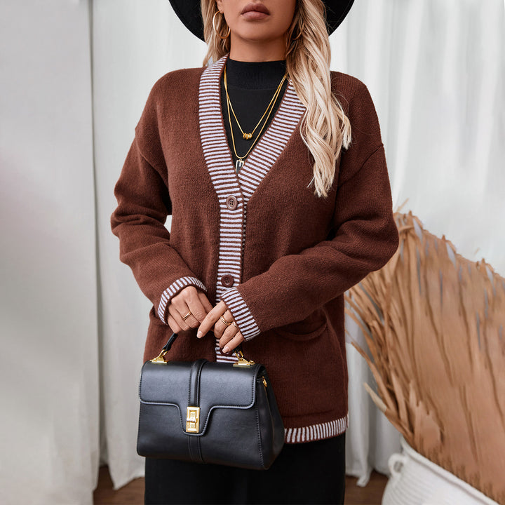 Women's knit jacket with modern stripe accents and Lune London pockets