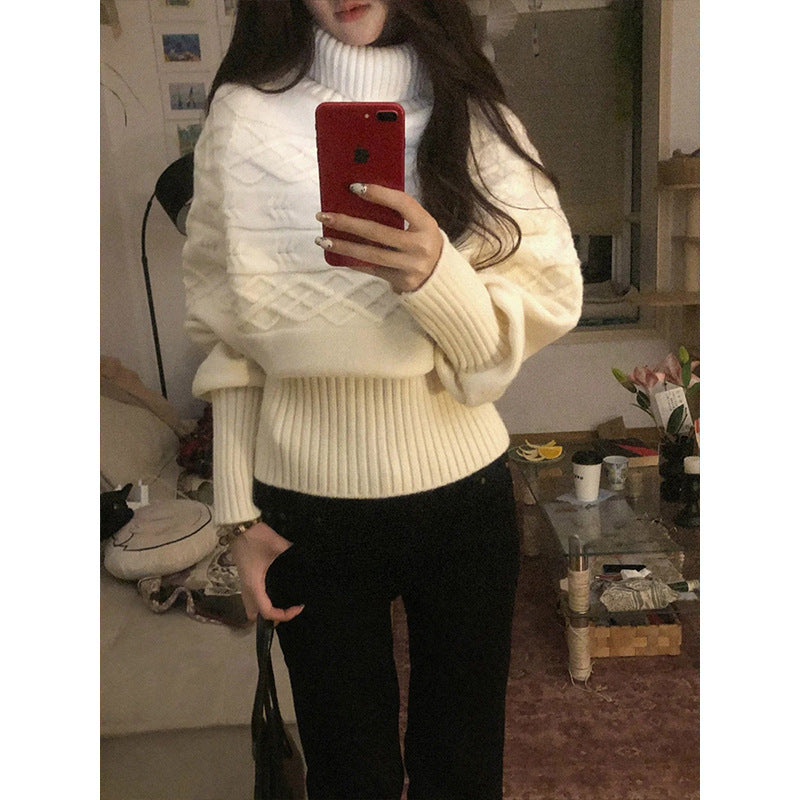 Pull en tricot épais pour femmes avec col haut et motif en câble décoratif Chic & Stil