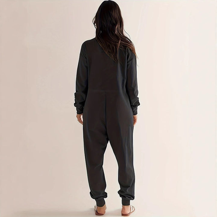 Ladies casual jumpsuit with practical pockets and elegant V neckline Lune London