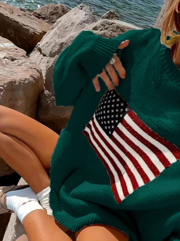 Casual plush sweater for ladies with a large American flag pattern Lune London
