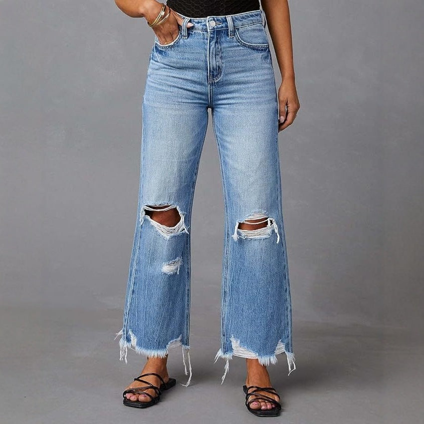 Women's Flared Jeans with Stylish Ripped Details and Frayed Hems Lune London