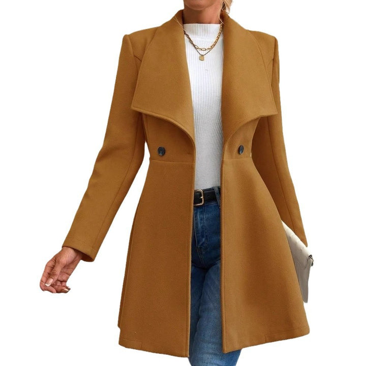 Ladies elegant wool coat with a loose and cinched silhouette and modern button details Lune London