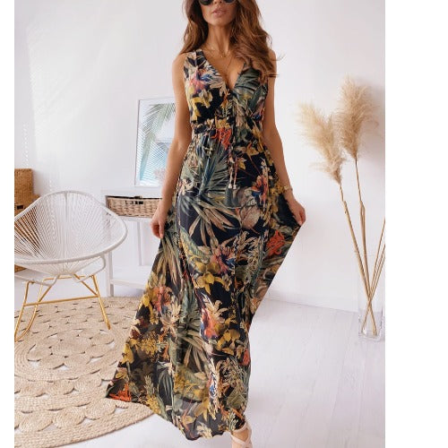 Tropical print maxi dress for women with adjustable fabric belt Lune London
