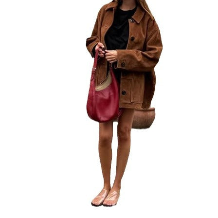 Oversized suede jacket for women with button details Lune London