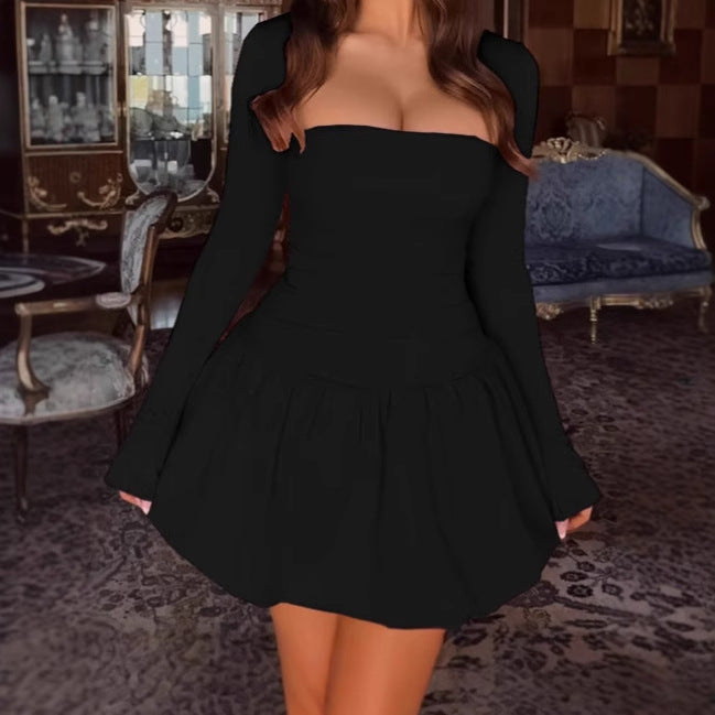 Off-shoulder dress for women with voluminous skirts and long sleeves Lune London