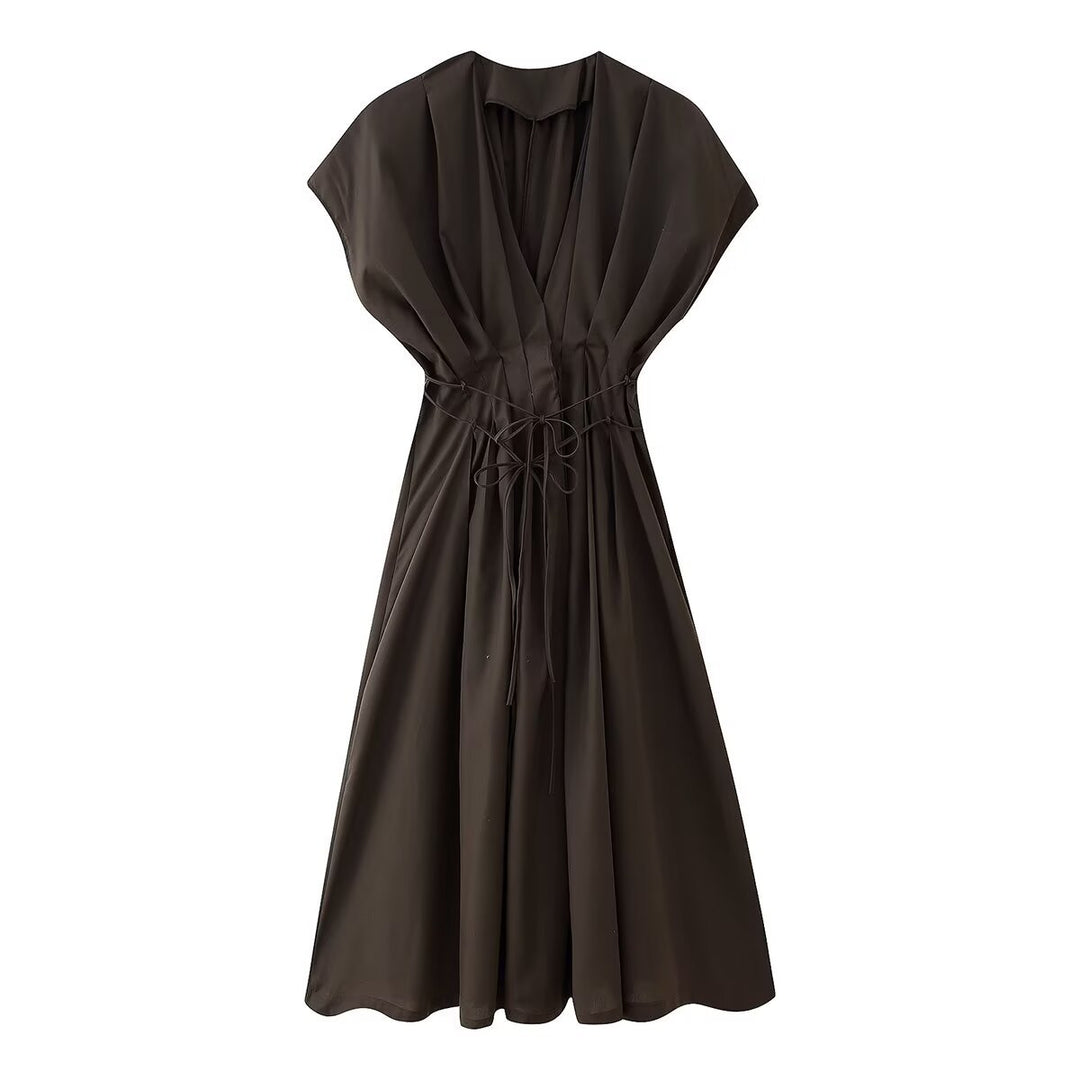 Midi dress for women with adjustable tie belt and stylish V-neck Lune London