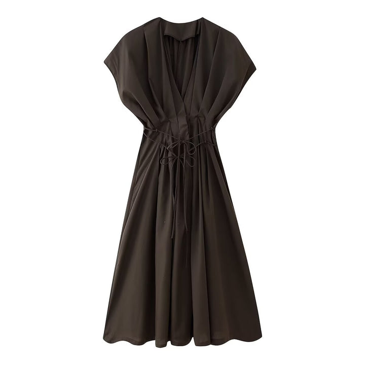Midi dress for women with adjustable tie belt and stylish V-neck Lune London
