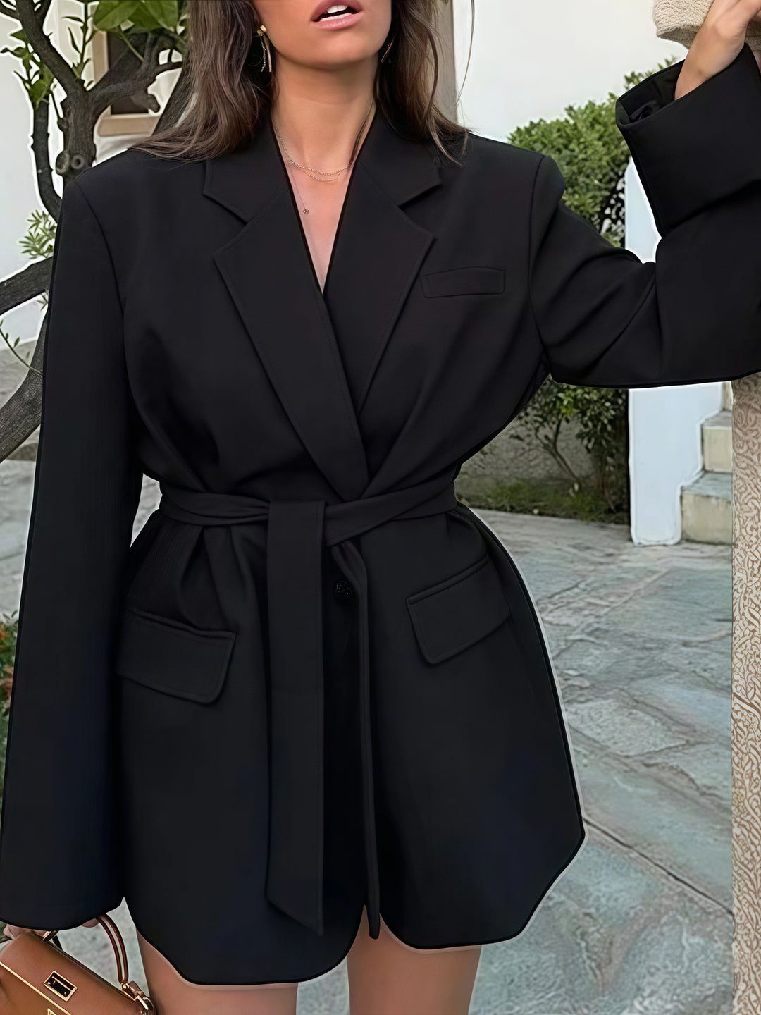 Women Elegant Blazer Jacket with Belt and Chic Pockets and Style