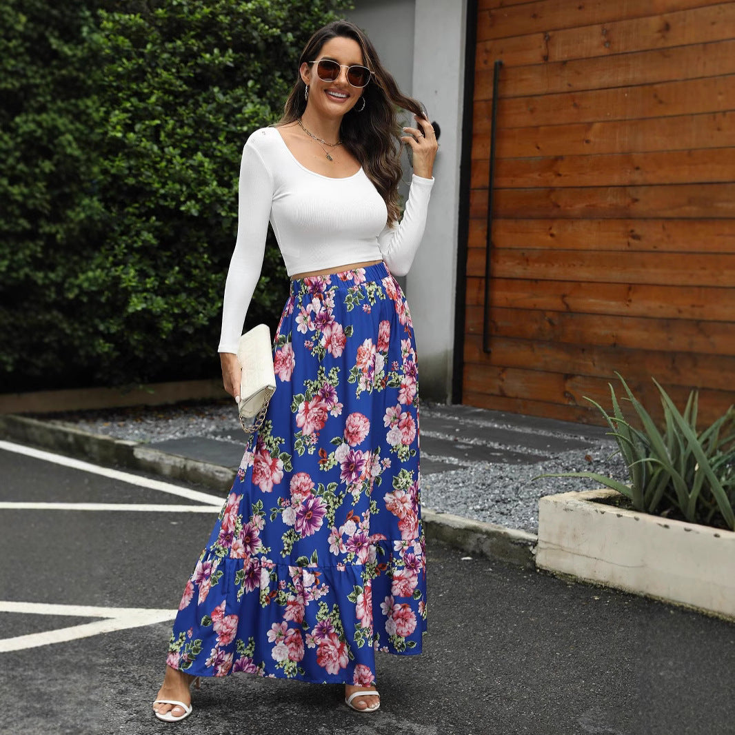 Maxi skirt for ladies with floral ruffle details and an elastic waistband Lune London