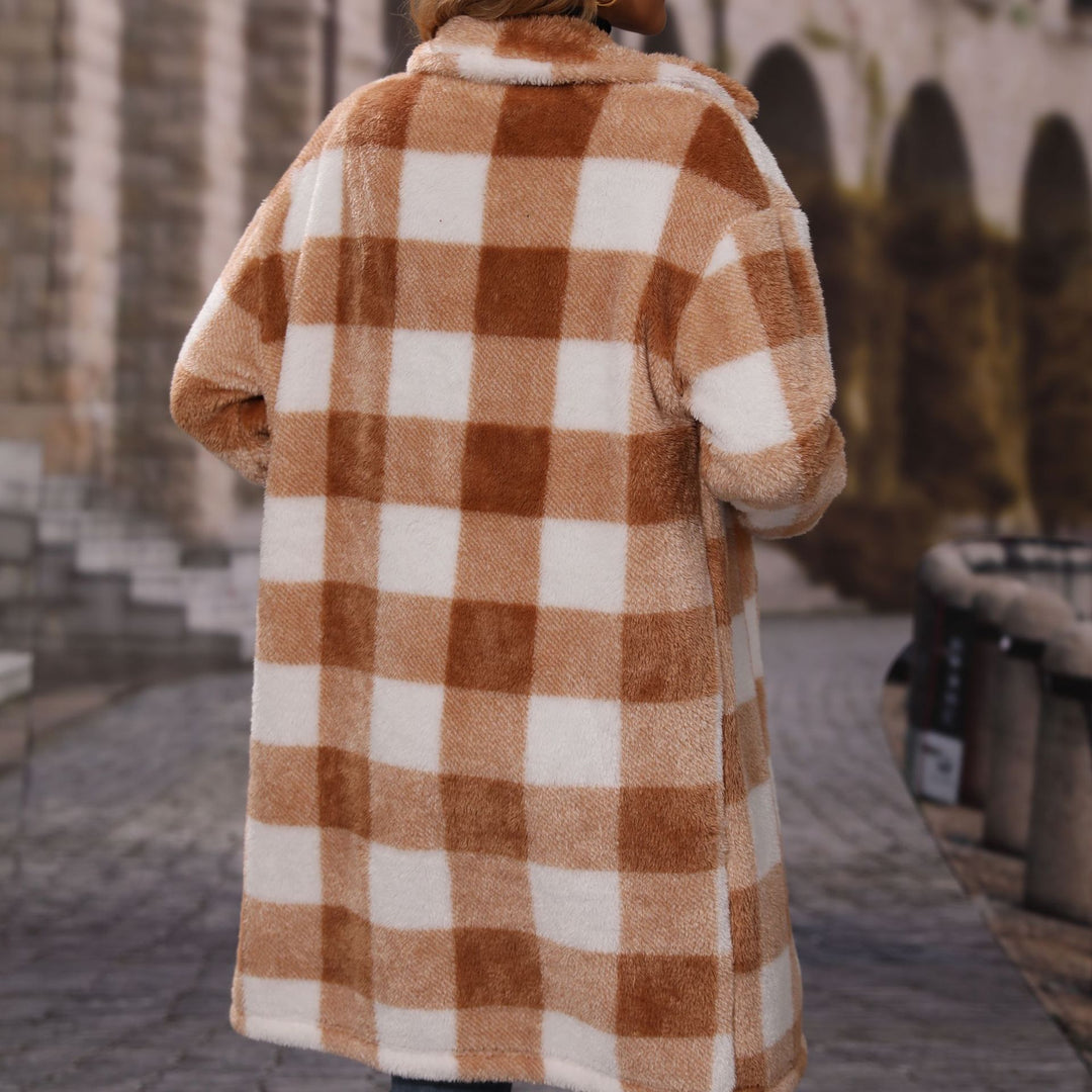 Women Long Plush Coat with Checkered Structure Lune London